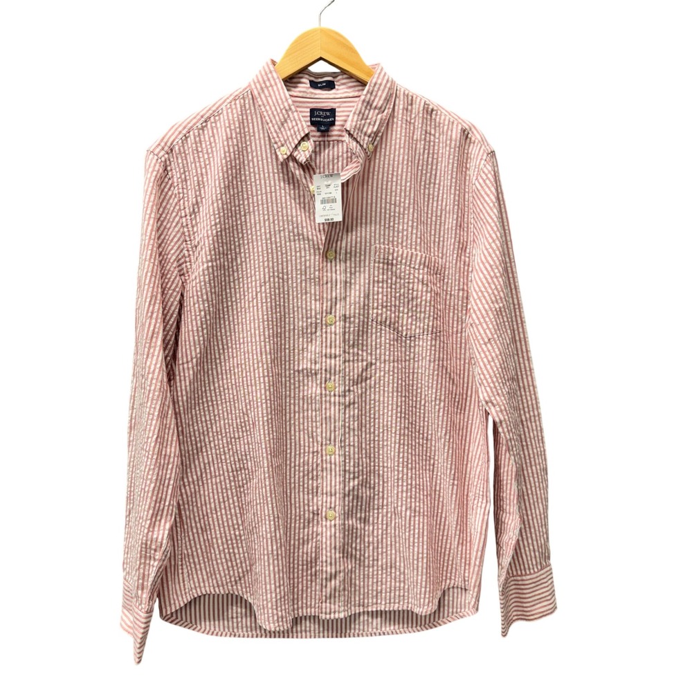 J.Crew Button Down Shirt Mens L Seersucker Light Red White Striped Slim Fit NEW
